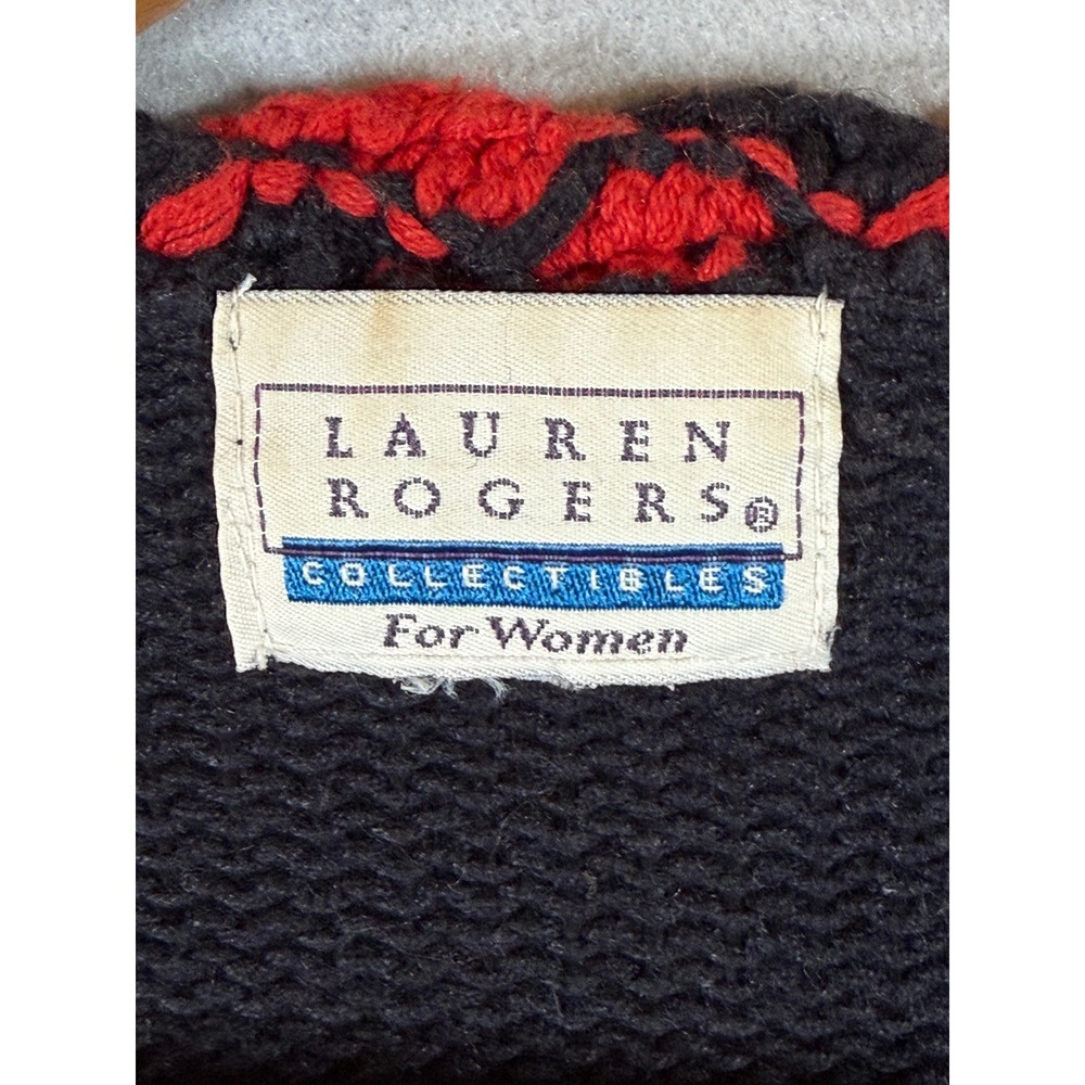 VTG Lauren Rogers Christmas Cardigan Sweater Black Knit Holiday Sleigh Tree 90's - Picture 7 of 11